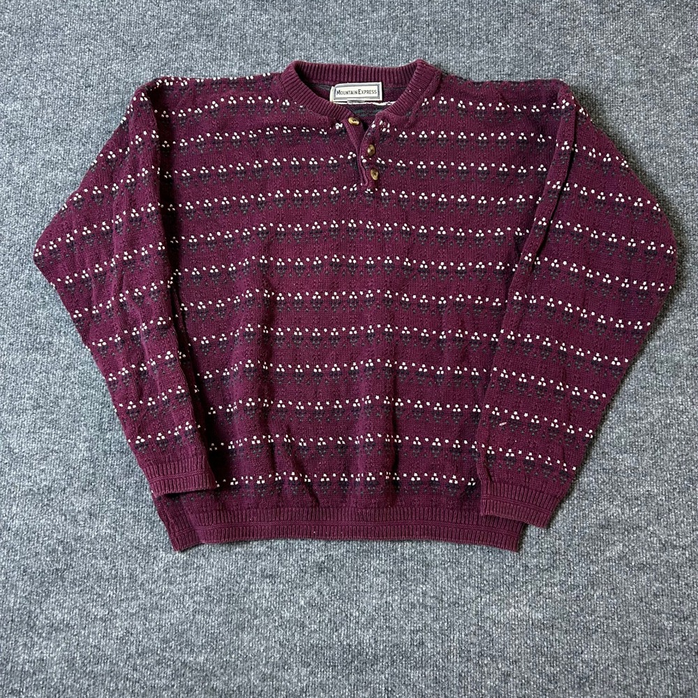 Mountain Express Sweater Mens Size L Maroon Henley Cotton Patterned Knit USA